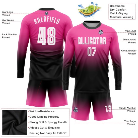 Jersey Uniform Sublimation Fußball Weiß-Schwarz Rosa Lange Custom Sleeve Fade Fashion Jersey Uniform Sublimation Fußball Weiß-Schwarz Rosa Lange Custom Sleeve Fade Fashion