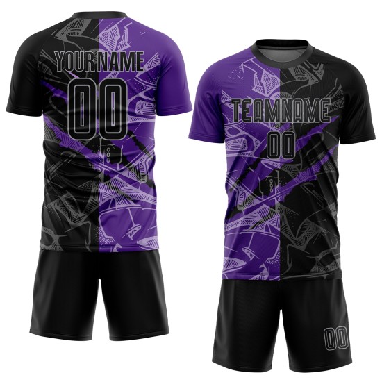 Lila-Grau Muster Fußball Scratch Graffiti Uniform Sublimation Schwarz Jersey Custom Lila-Grau Muster Fußball Scratch Graffiti Uniform Sublimation Schwarz Jersey Custom