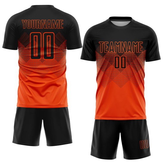 Fußballtrikot Sublimation Custom Schwarz Uniform Orange Fußballtrikot Sublimation Custom Schwarz Uniform Orange
