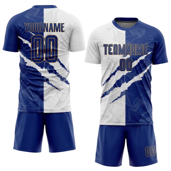 Benutzerdefinierte Gold Uniform Muster Weiß-Alte Kratzer Jersey Sublimation Fußball Royal Graffiti Benutzerdefinierte Gold Uniform Muster Weiß-Alte Kratzer Jersey Sublimation Fußball Royal Graffiti