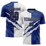 Benutzerdefinierte Gold Uniform Muster Weiß-Alte Kratzer Jersey Sublimation Fußball Royal Graffiti Benutzerdefinierte Gold Uniform Muster Weiß-Alte Kratzer Jersey Sublimation Fußball Royal Graffiti