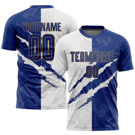 Benutzerdefinierte Gold Uniform Muster Weiß-Alte Kratzer Jersey Sublimation Fußball Royal Graffiti Benutzerdefinierte Gold Uniform Muster Weiß-Alte Kratzer Jersey Sublimation Fußball Royal Graffiti