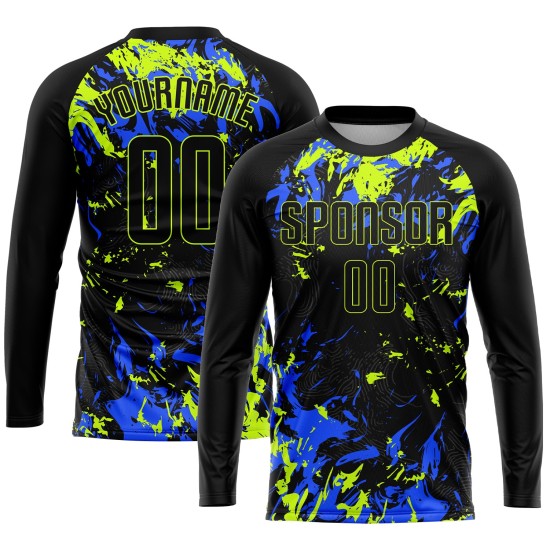 Jersey Sublimation Schwarz Grün-Royal Fußball Uniform Schwarz Custom Neon Jersey Sublimation Schwarz Grün-Royal Fußball Uniform Schwarz Custom Neon