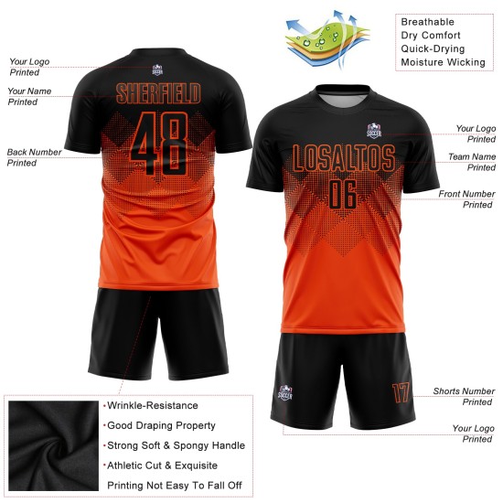 Fußballtrikot Sublimation Custom Schwarz Uniform Orange Fußballtrikot Sublimation Custom Schwarz Uniform Orange