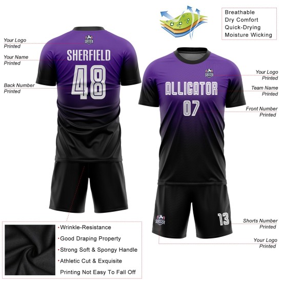 Lila Verblassen Fußball Weiß-Schwarz Sublimation Uniform Custom Jersey Mode Lila Verblassen Fußball Weiß-Schwarz Sublimation Uniform Custom Jersey Mode