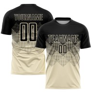 Benutzerdefiniertes Fußballtrikot in Schwarz mit Sublimationsdruck, cremefarben Benutzerdefiniertes Fußballtrikot in Schwarz mit Sublimationsdruck, cremefarben