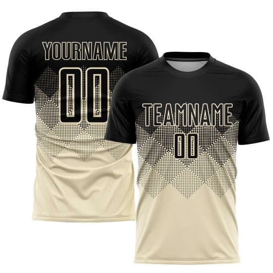 Benutzerdefiniertes Fußballtrikot in Schwarz mit Sublimationsdruck, cremefarben Benutzerdefiniertes Fußballtrikot in Schwarz mit Sublimationsdruck, cremefarben
