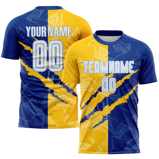 Blau Fußball Gelb-Licht Royal Scratch Graffiti Custom Weiß Jersey Muster Uniform Sublimation Blau Fußball Gelb-Licht Royal Scratch Graffiti Custom Weiß Jersey Muster Uniform Sublimation